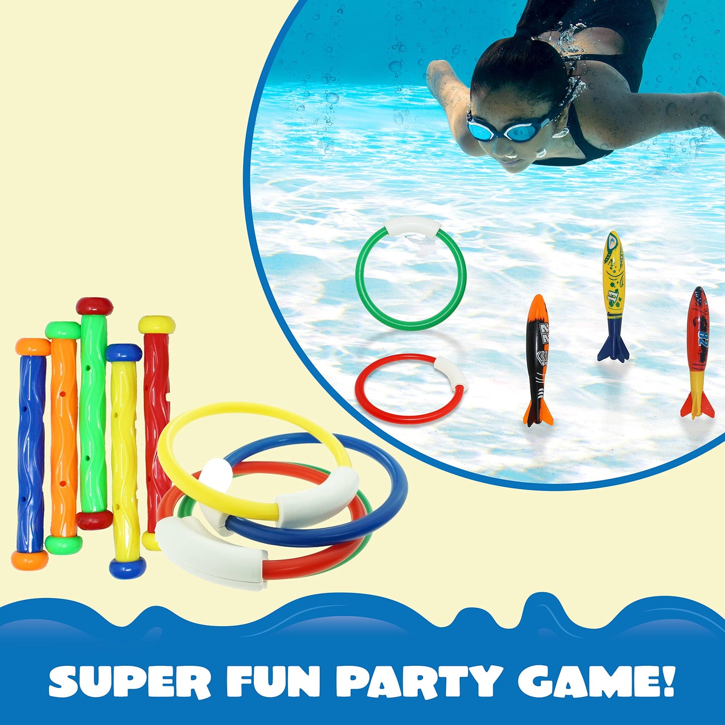 18 Pcs Diving Pool Toys for Kids, Swimming Pool Toy with Storage Bag, Underwater Swim Pool Games for Ages 8-12