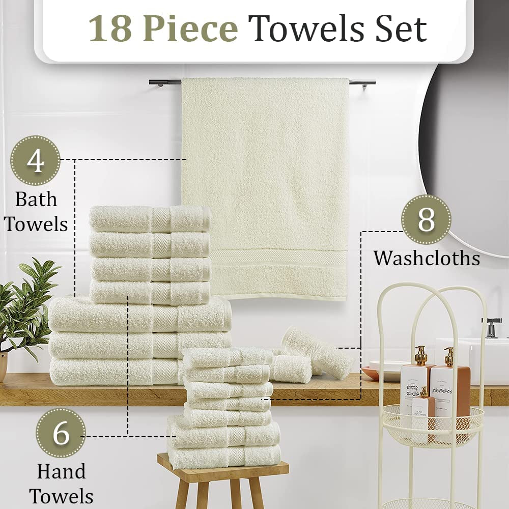 18-Piece Bath Towel Set (4 Bath Towels, 6 Hand Towels, 8 Wash Cloths) 600 GSM Bath Towels for Bathroom, Absorbent, Hotel Towels for Bathroom Daily Use, Bath Linens Set -Ash