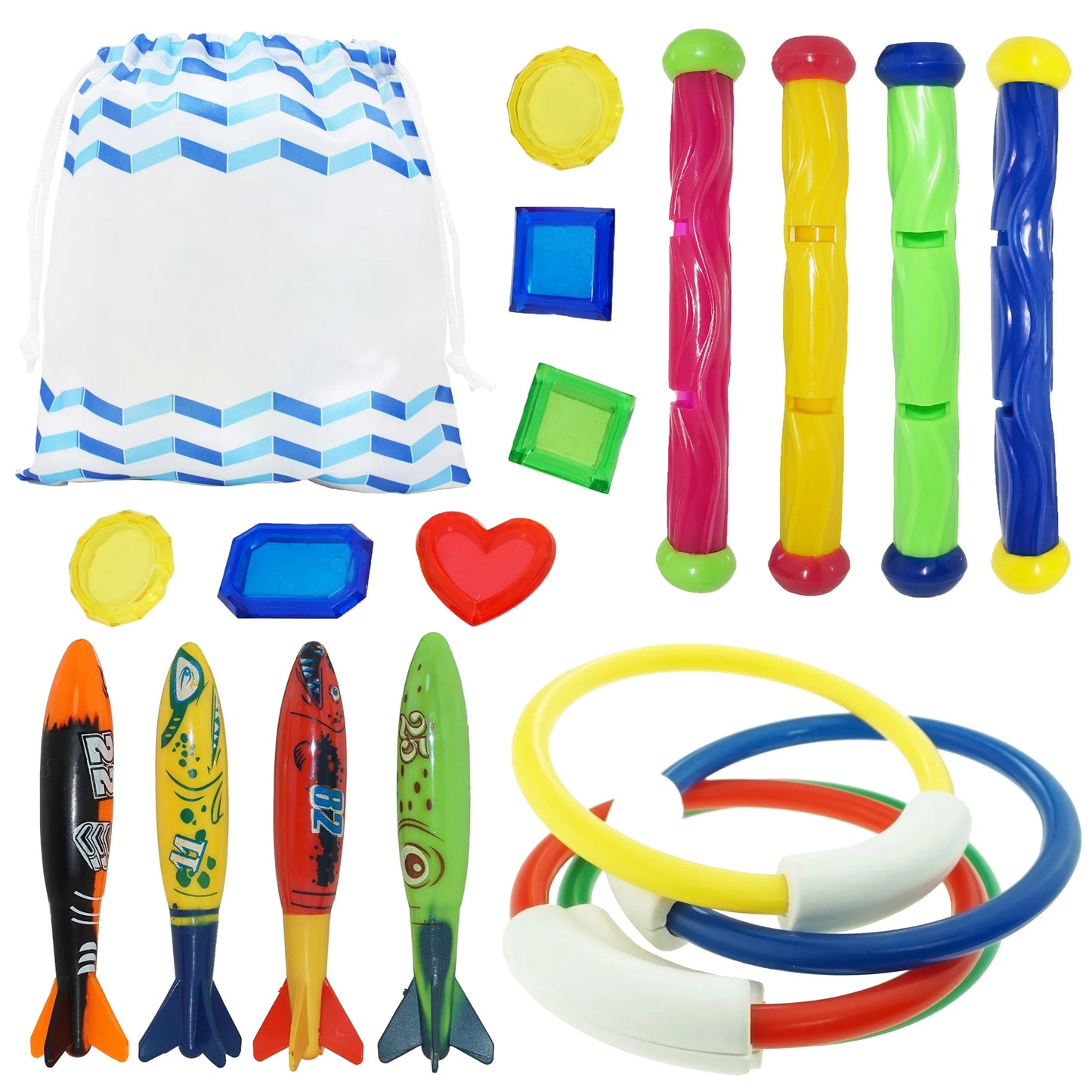 18 Pcs Diving Pool Toys for Kids, Swimming Pool Toy with Storage Bag, Underwater Swim Pool Games for Ages 8-12