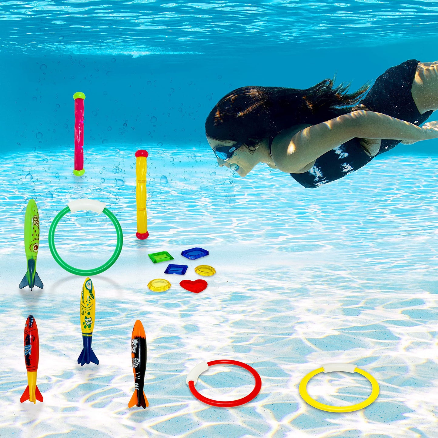 18 Pcs Diving Pool Toys for Kids, Swimming Pool Toy with Storage Bag, Underwater Swim Pool Games for Ages 8-12