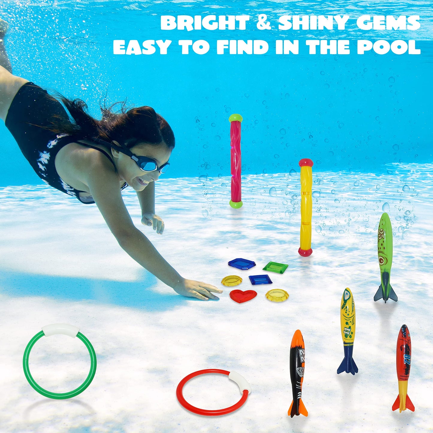 18 Pcs Diving Pool Toys for Kids, Swimming Pool Toy with Storage Bag, Underwater Swim Pool Games for Ages 8-12