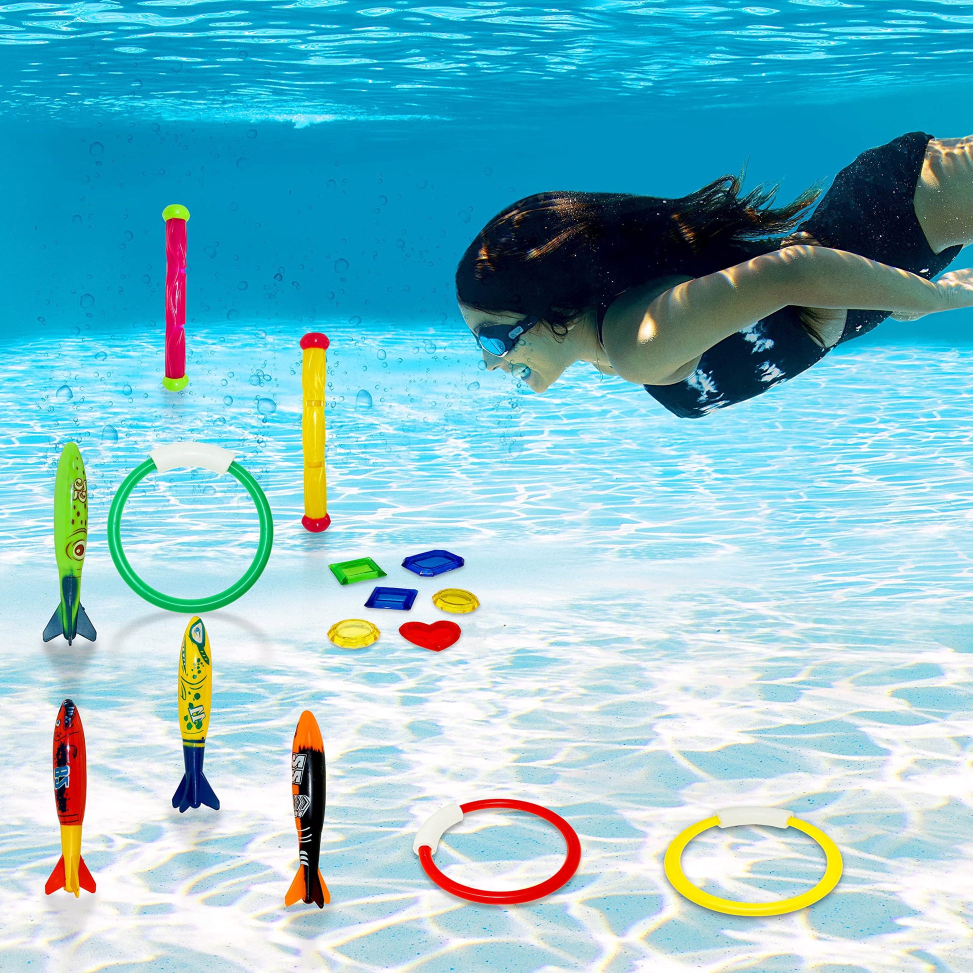 18 Pcs Diving Pool Toys for Kids, Swimming Pool Toy with Storage Bag, Underwater Swim Pool Games for Ages 8-12